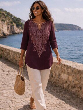 J Jill Embroidered Cotton Tunic Burgundy